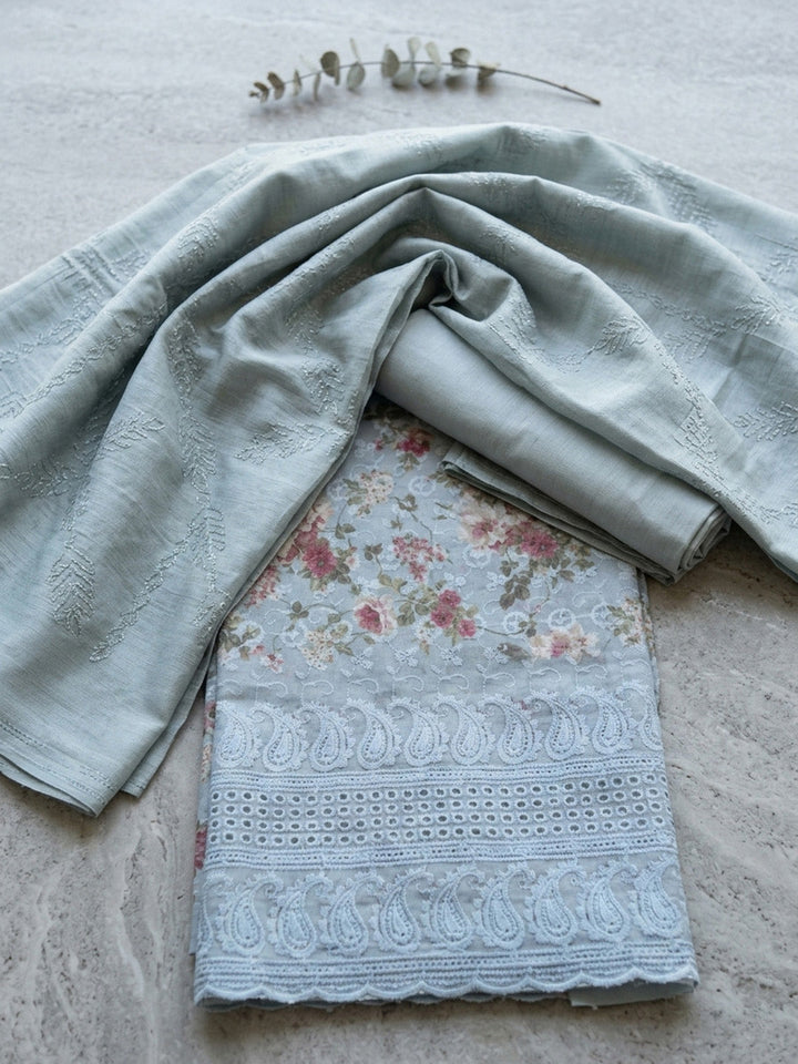Printed Cotton Blend Unstitched Suit With Pant &amp; Dupatta