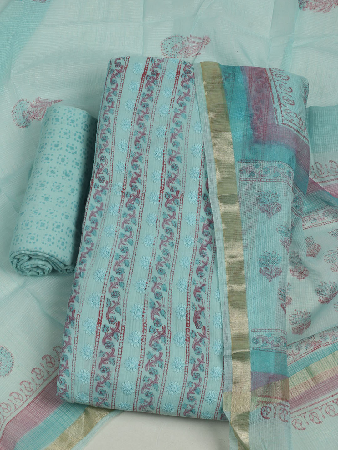 Printed Cotton Unstitched Suits Printed Suit With Pant &amp; Dupatta