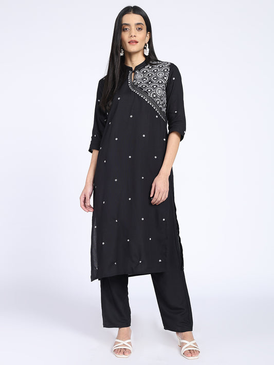 Resham Embroidery Cotton Blend Kurta With Pants