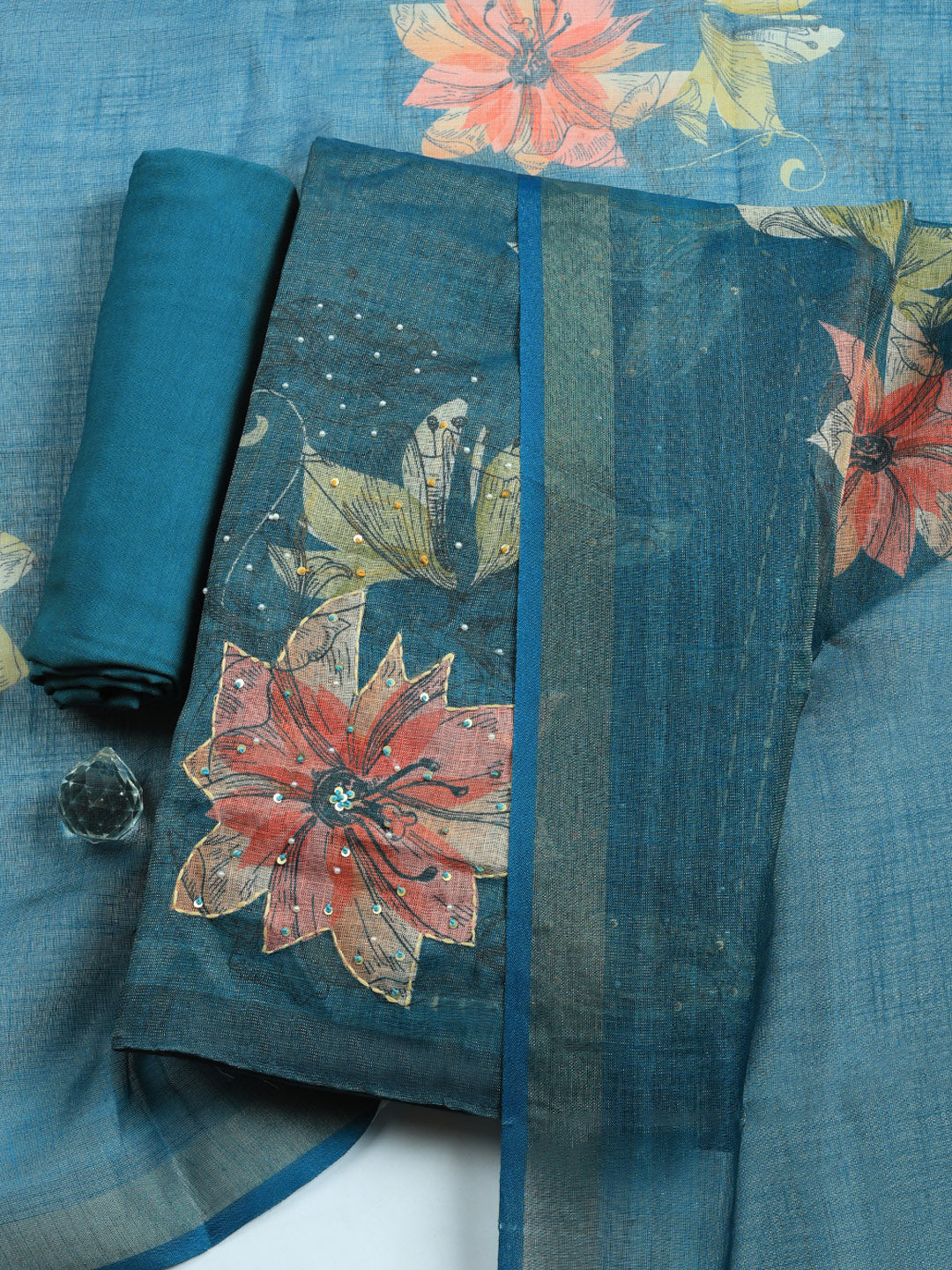 Printed Linen Blend Unstitched Suit With Pant &amp; Dupatta