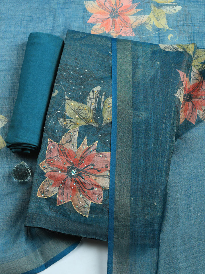 Printed Linen Blend Unstitched Suit With Pant &amp; Dupatta