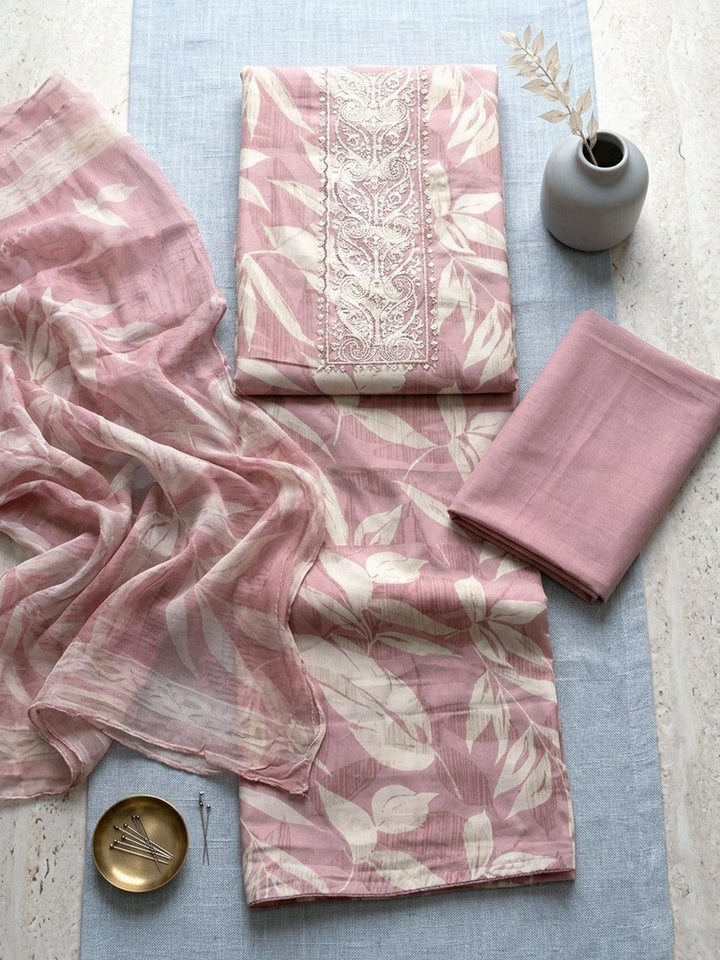 Printed Cotton Blend Unstitched Suit With Pant &amp; Dupatta