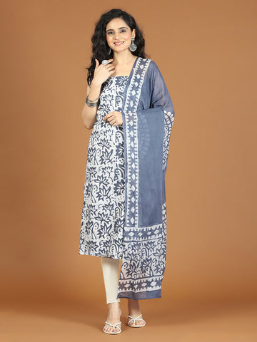 Printed Cotton Blend Unstitched Suit With Dupatta