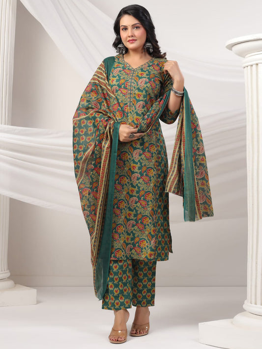 Printed Cotton Blend Kurta With Pants & Dupatta