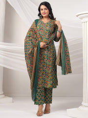 Printed Cotton Blend Kurta With Pants & Dupatta