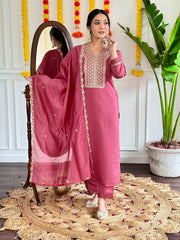 Neck Embroidery Cotton Blend Kurta With Pants & Dupatta