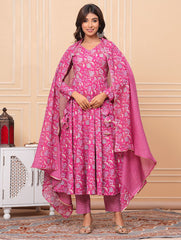 Printed Cotton Blend Kurta With Pants & Dupatta