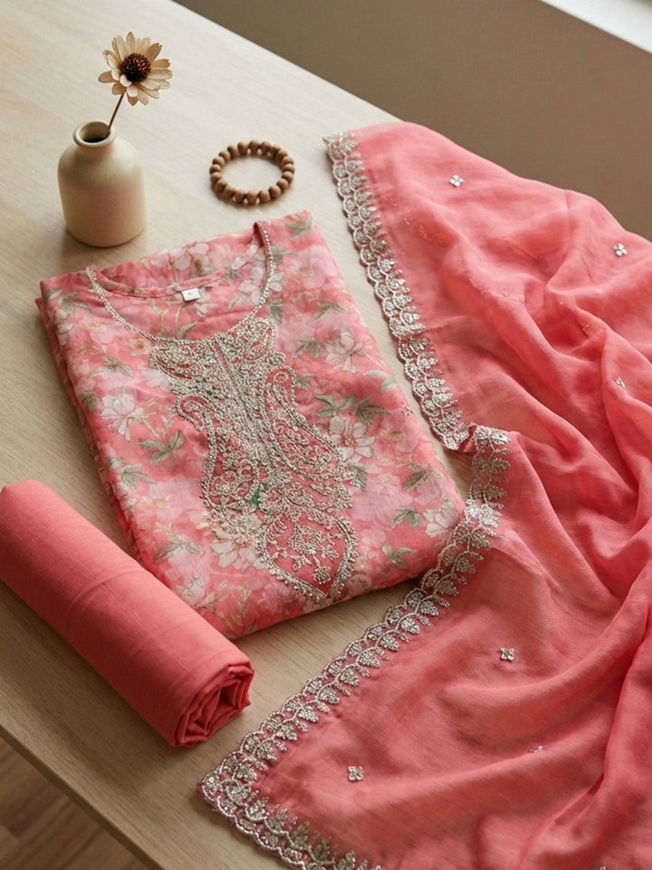 Embroidered Cotton Blend Unstitched Suit With Pant &amp; Dupatta