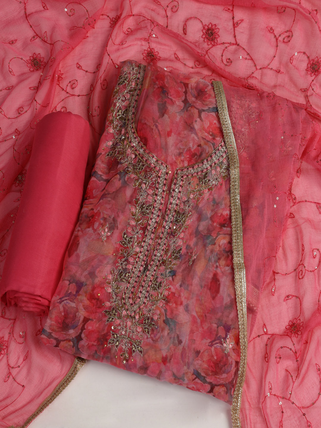Neck Embroidered Organza Unstitched Suit With Dupatta