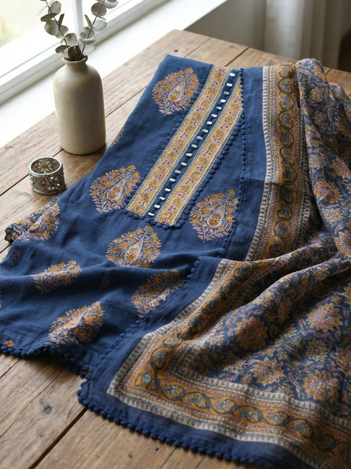 Embroidered Cotton Unstitched Suit With Pant &amp; Dupatta