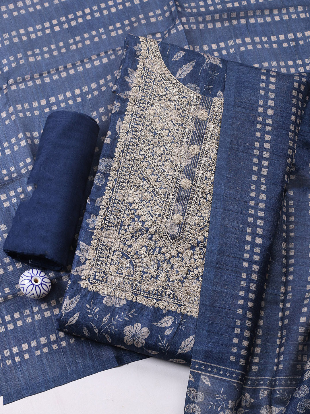 Embroidered Cotton Blend Unstitched Suit With Pant &amp; Dupatta