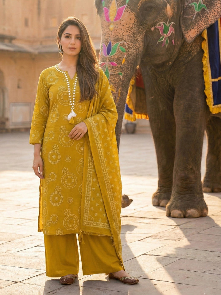 Mustard Cotton Blend Printed Straight Suit Set