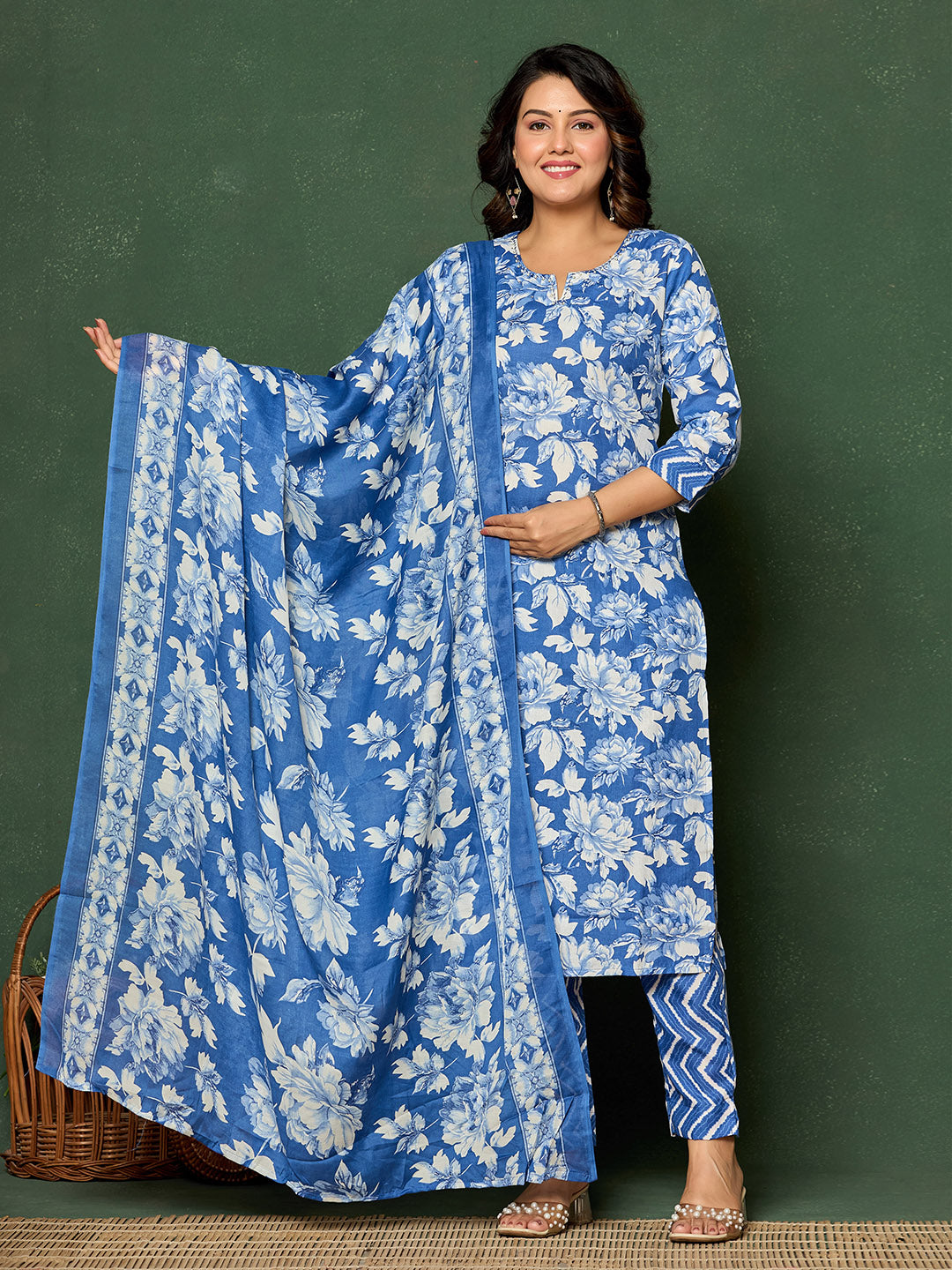 Printed Cotton Blend Kurta With Pants & Dupatta