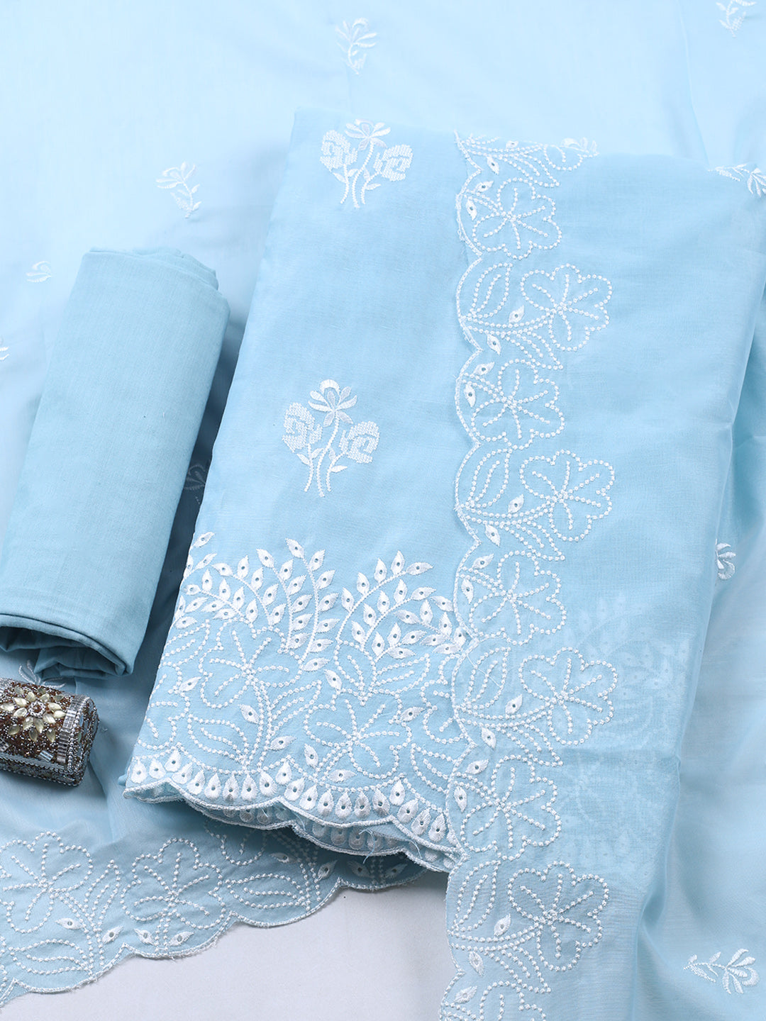 Embroidered Cotton Blend Unstitched Suit With Pant &amp; Dupatta