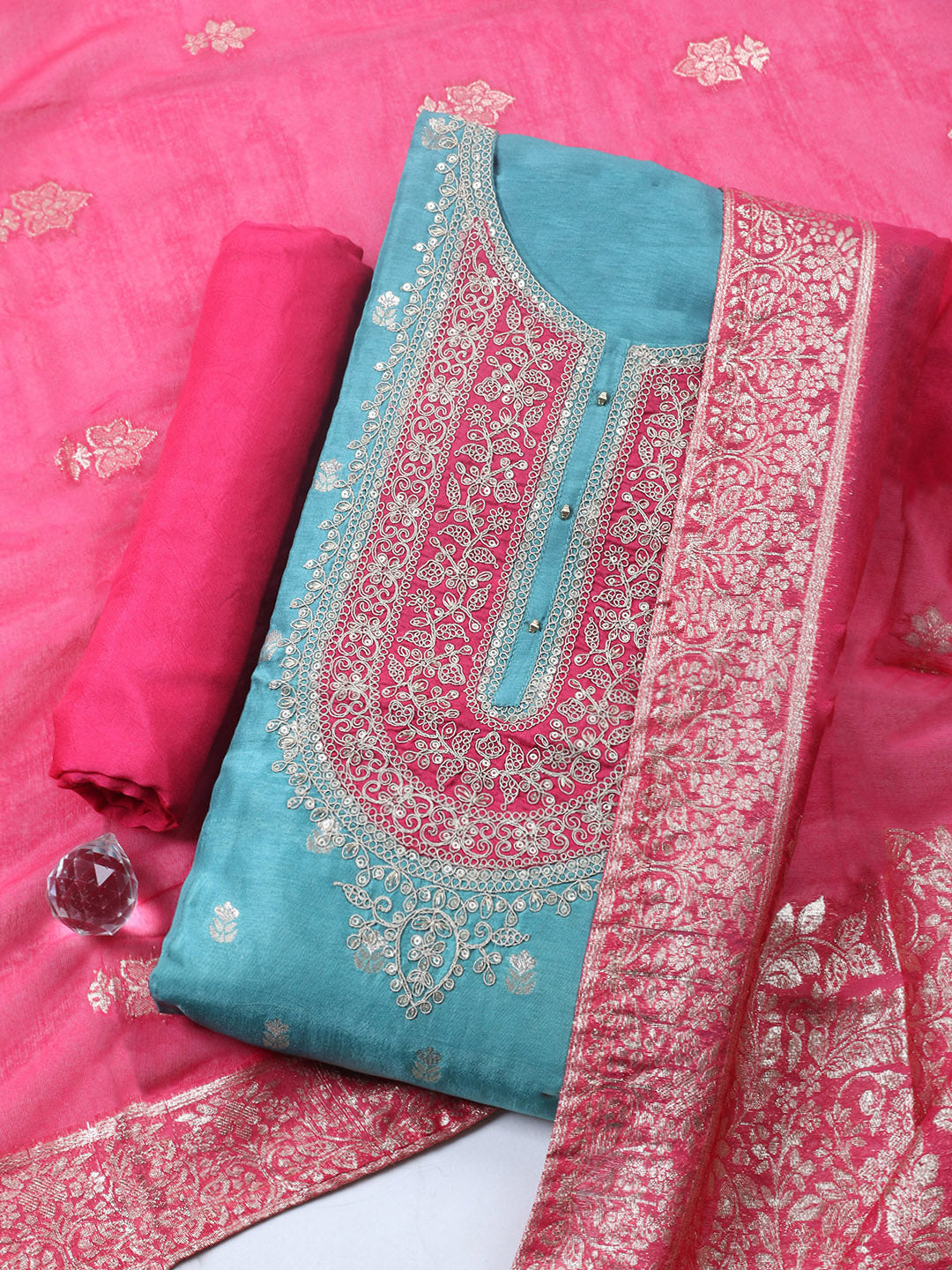 Embroidered Chanderi Unstitched Suit With Pant &amp; Dupatta