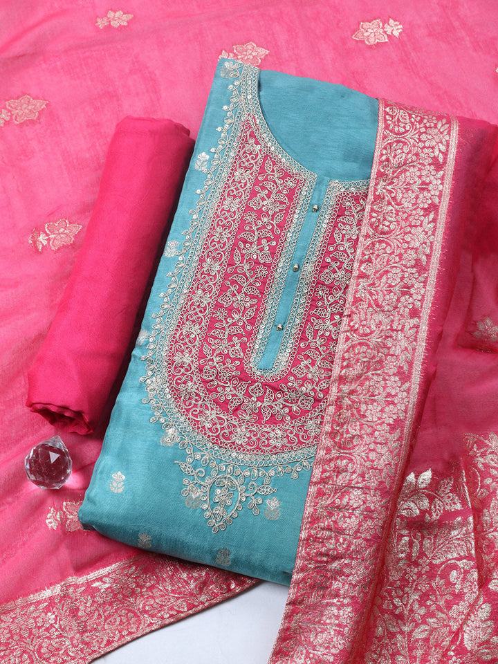 Embroidered Chanderi Unstitched Suit With Pant &amp; Dupatta