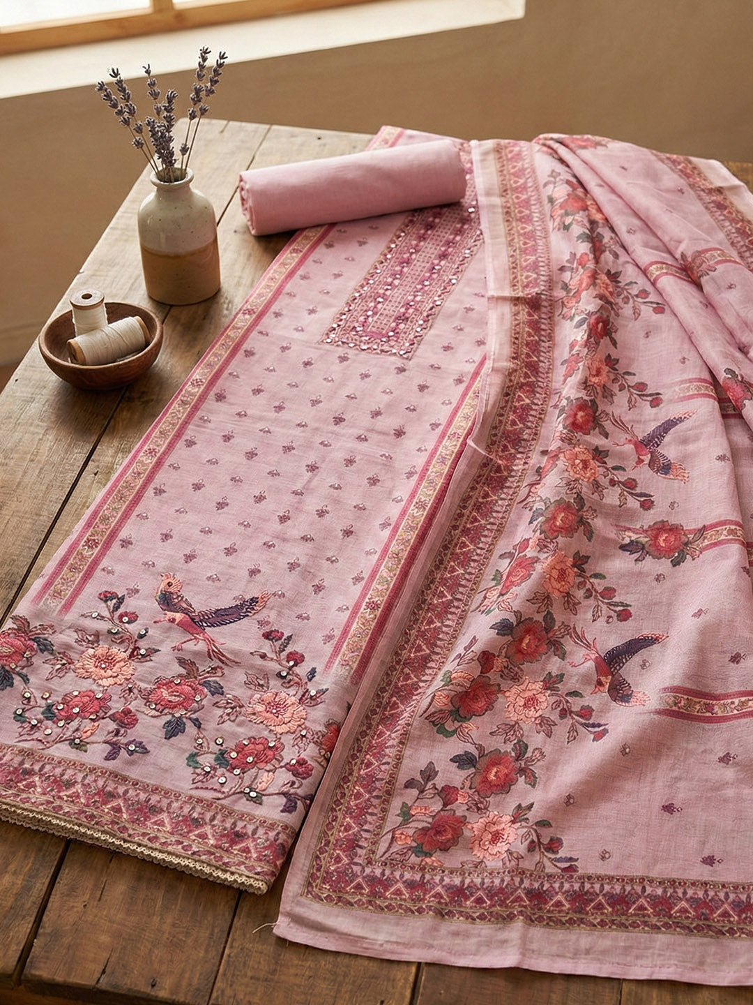 Embroidered Cotton Blend Unstitched Suit With Pant &amp; Dupatta