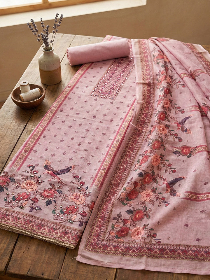 Embroidered Cotton Blend Unstitched Suit With Pant &amp; Dupatta