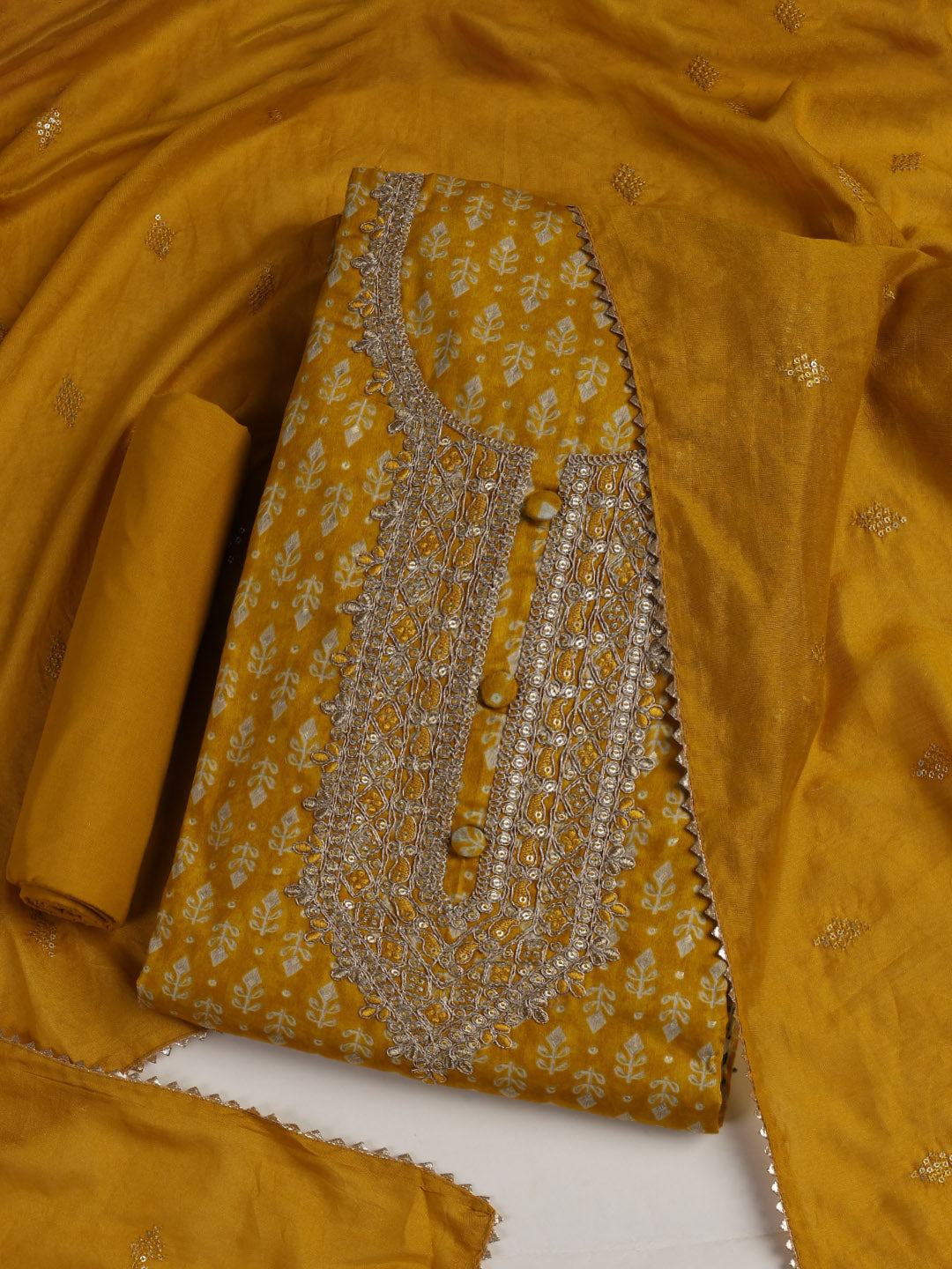 Neck Embroidered Cotton Blend Unstitched Suit With Dupatta