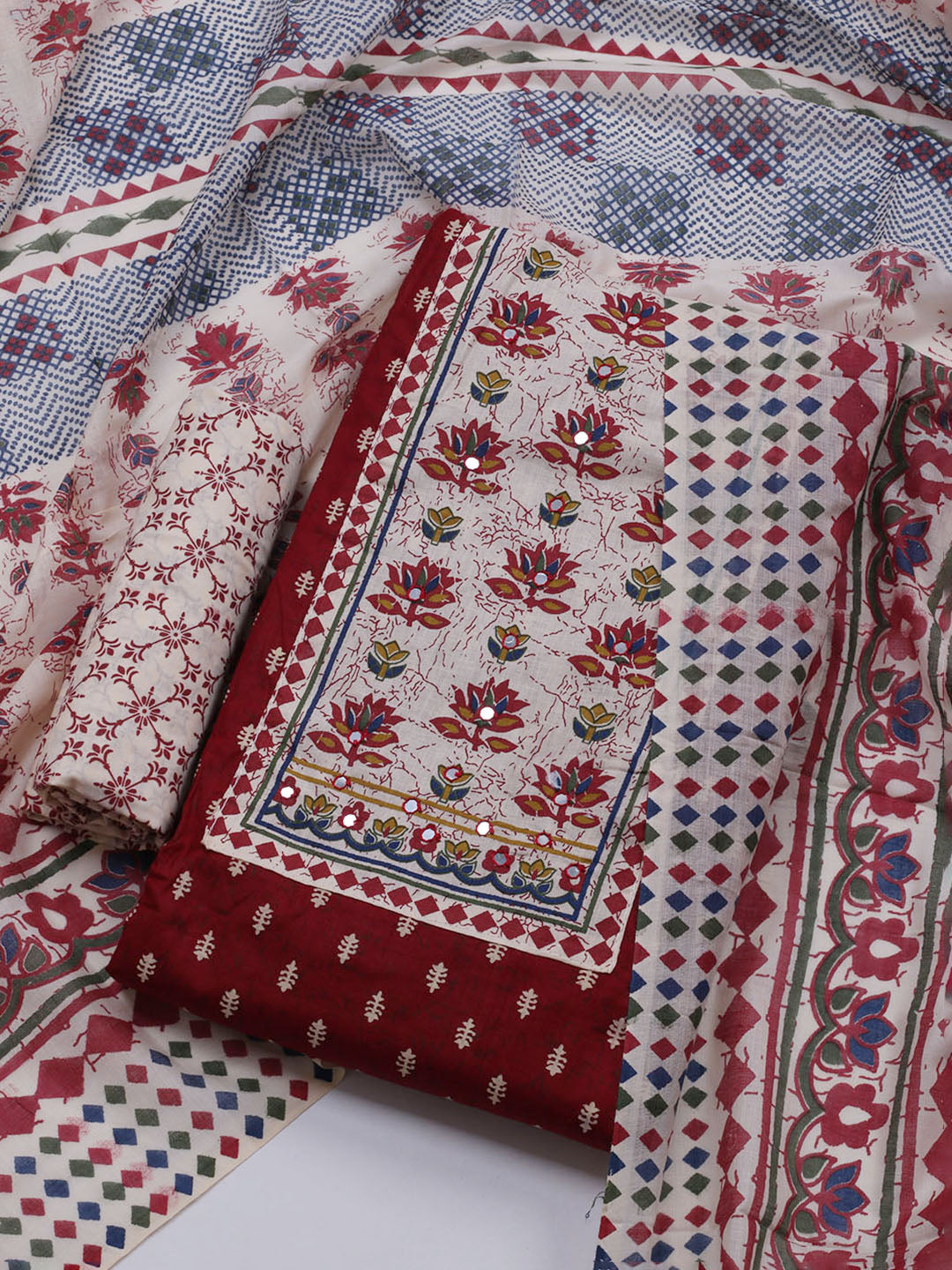 Printed Cotton Blend Unstitched Suit With Dupatta