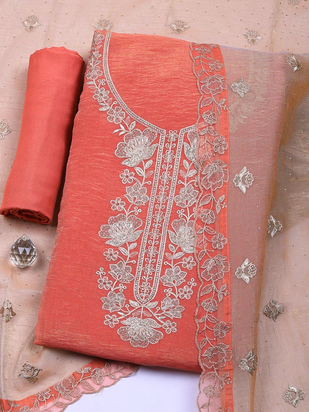 Embroidered Tissue Unstitched Suit With Pant &amp; Dupatta