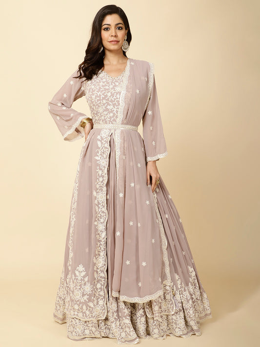 Resham Jaal Embroidered Georgette Stitched Kurta With Belt & Dupatta