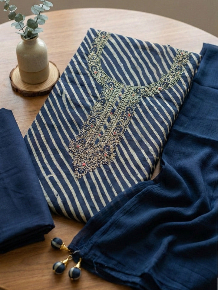 Printed Cotton Blend Unstitched Suit With Pant &amp; Dupatta