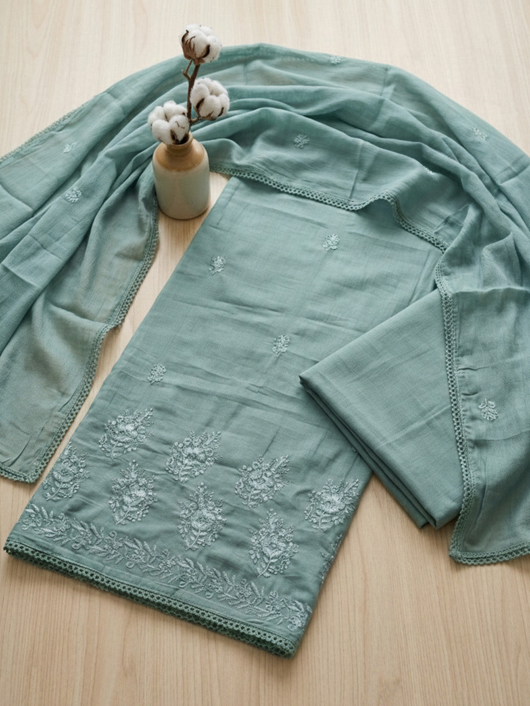 Printed Cotton Blend Unstitched Suit With Pant &amp; Dupatta