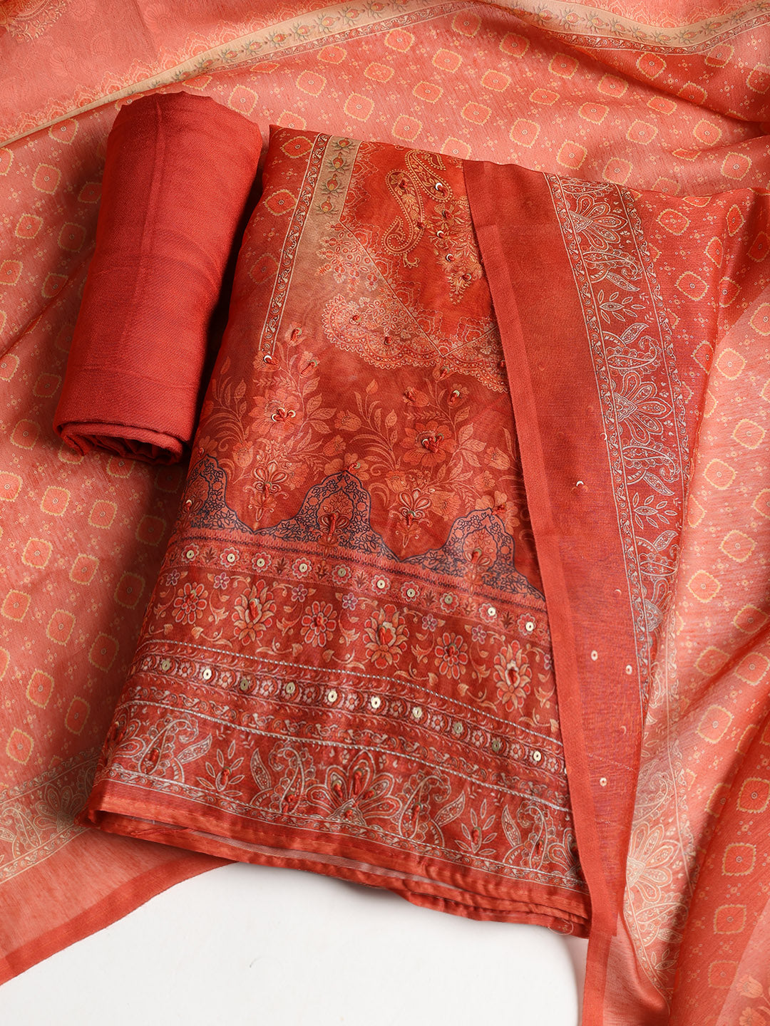 Printed Booti Chanderi Unstitched Suit With Dupatta