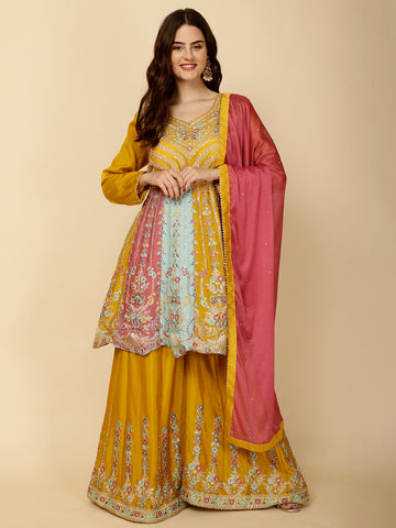 Embroidery Art Silk Suit Set With Dupatta & Sharara