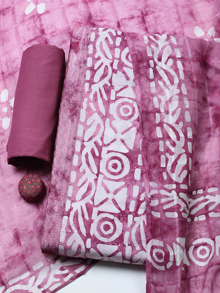 Printed Cotton Blend Unstitched Suit With Pant &amp; Dupatta