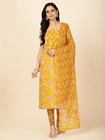 Floral Printed Cotton Unstitched Suit Piece With Dupatta