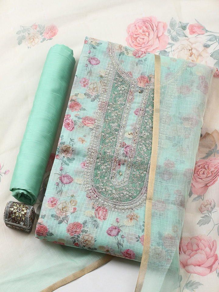 Embroidered Cotton Blend Unstitched Suit With Pant &amp; Dupatta