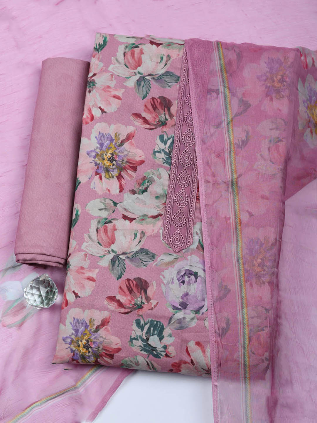Embroidered Cotton Blend Unstitched Suit With Pant &amp; Dupatta