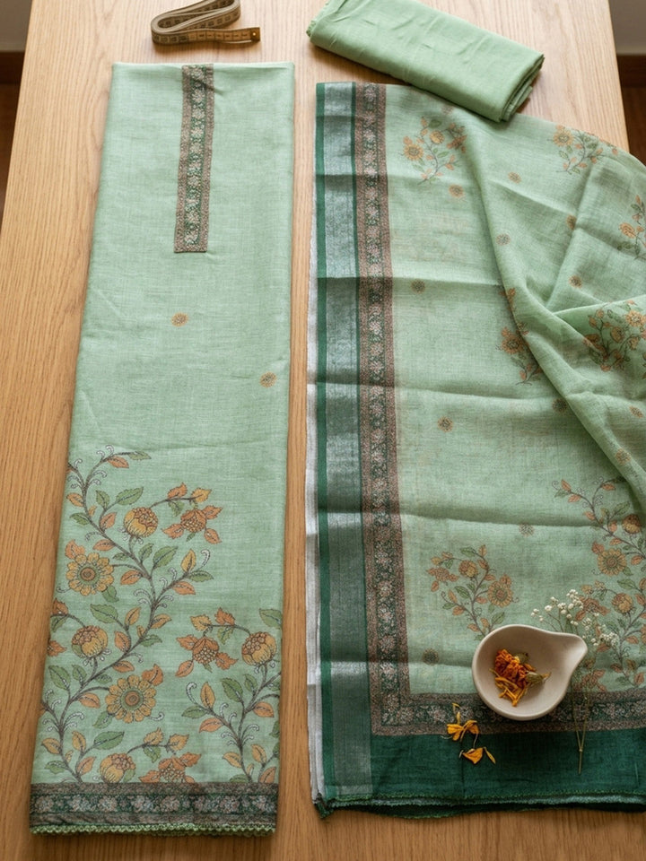 Embroidered Chanderi Unstitched Suit With Pant &amp; Dupatta