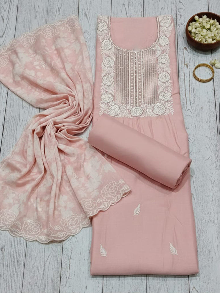 Embroidered Chanderi Unstitched Suit With Pant &amp; Dupatta