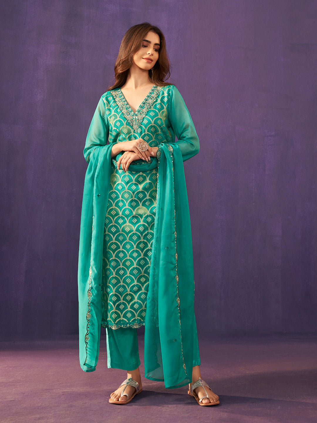 Neck Embroidery Organza Kurta With Pants &amp; Dupatta