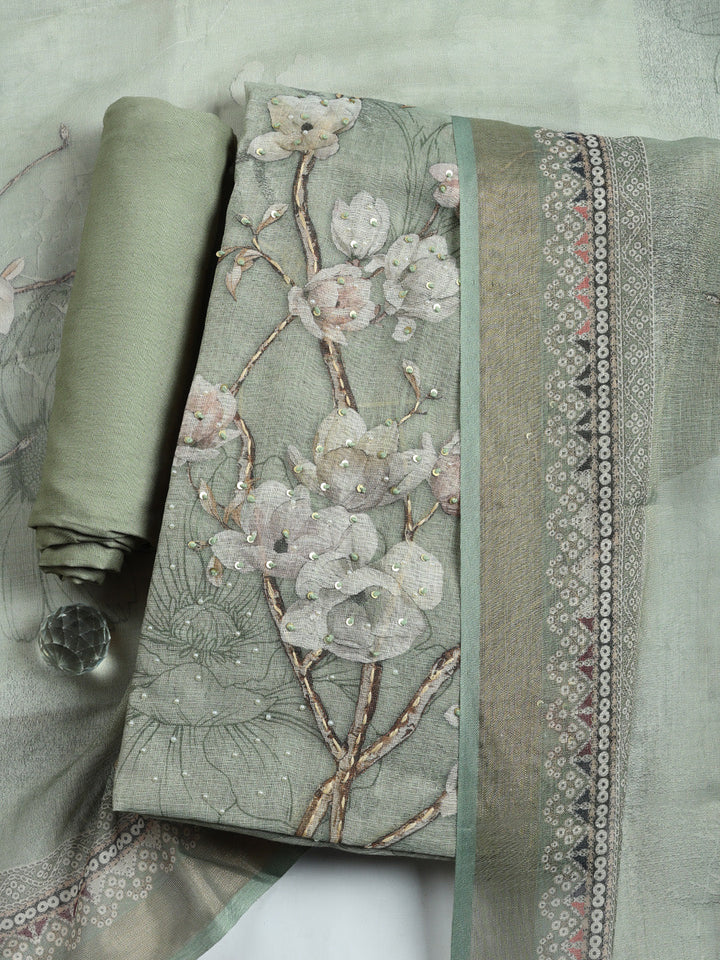 Printed Linen Blend Unstitched Suit With Pant &amp; Dupatta