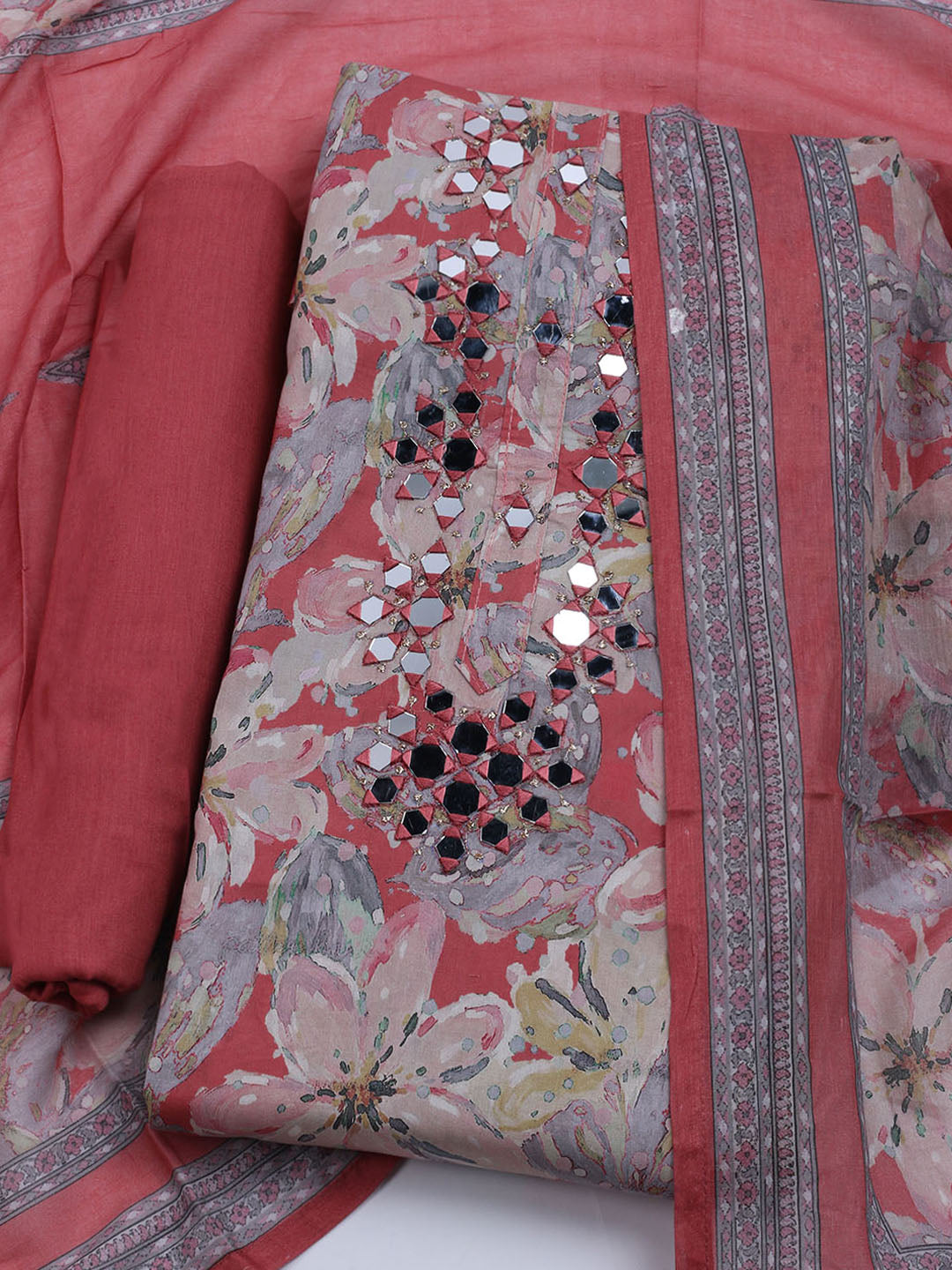 Neck Embroidered Cotton Blend Unstitched Suit With Dupatta