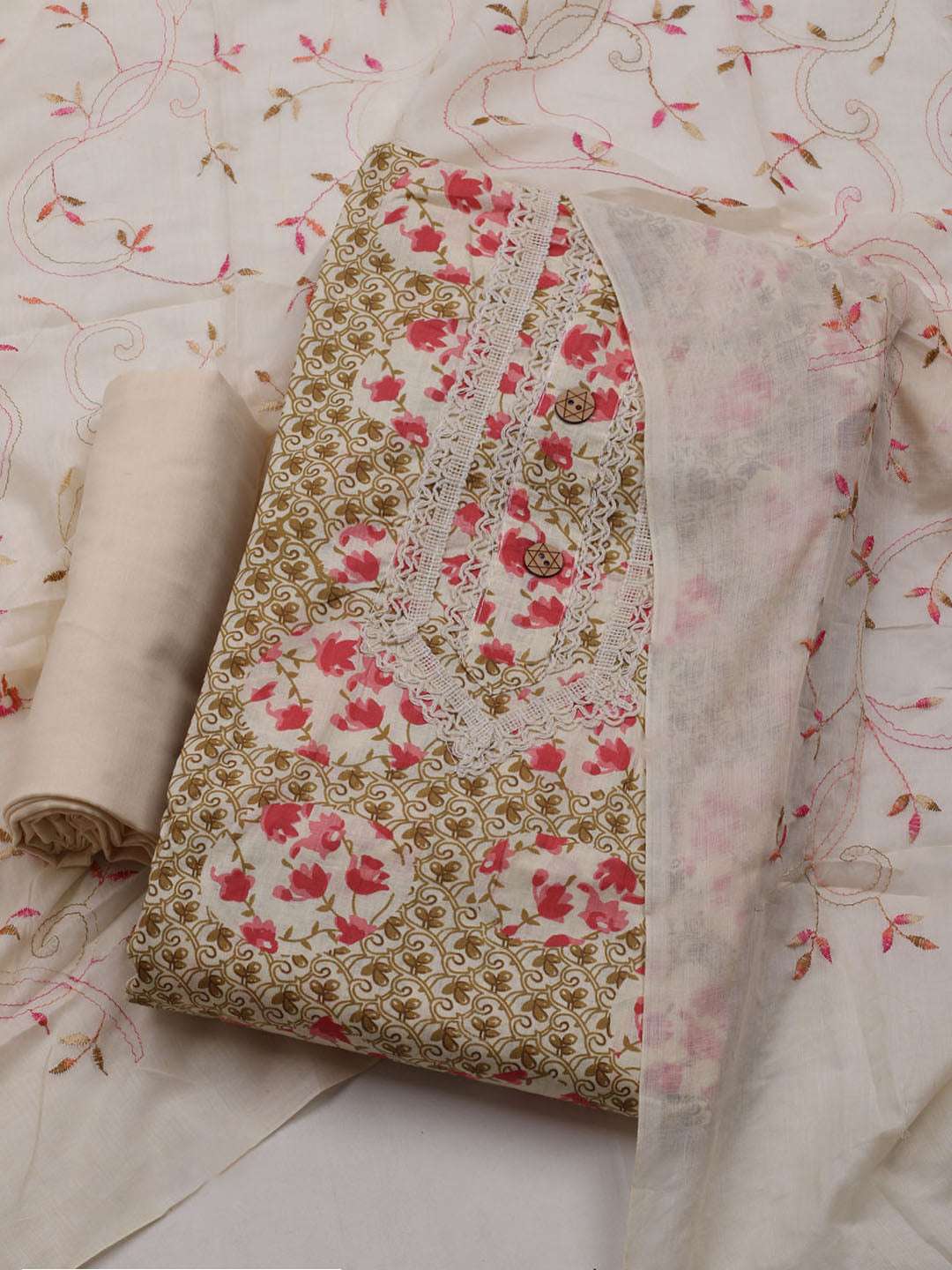 Printed Cotton Blend Unstitched Suit With Dupatta