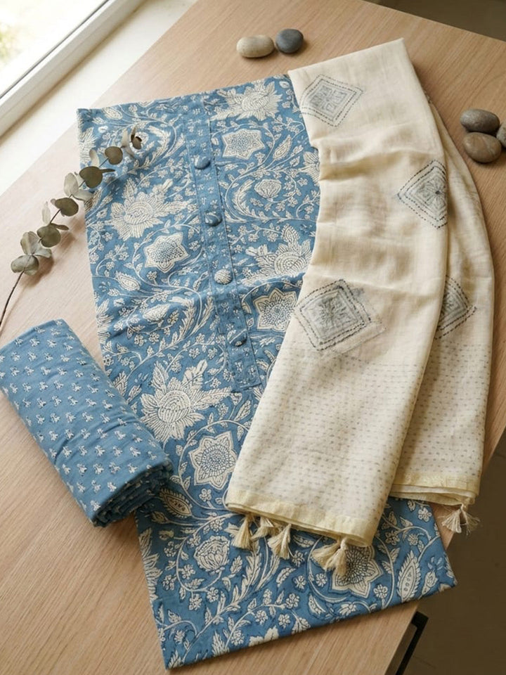 Printed Cotton Blend Unstitched Suit With Pant &amp; Dupatta