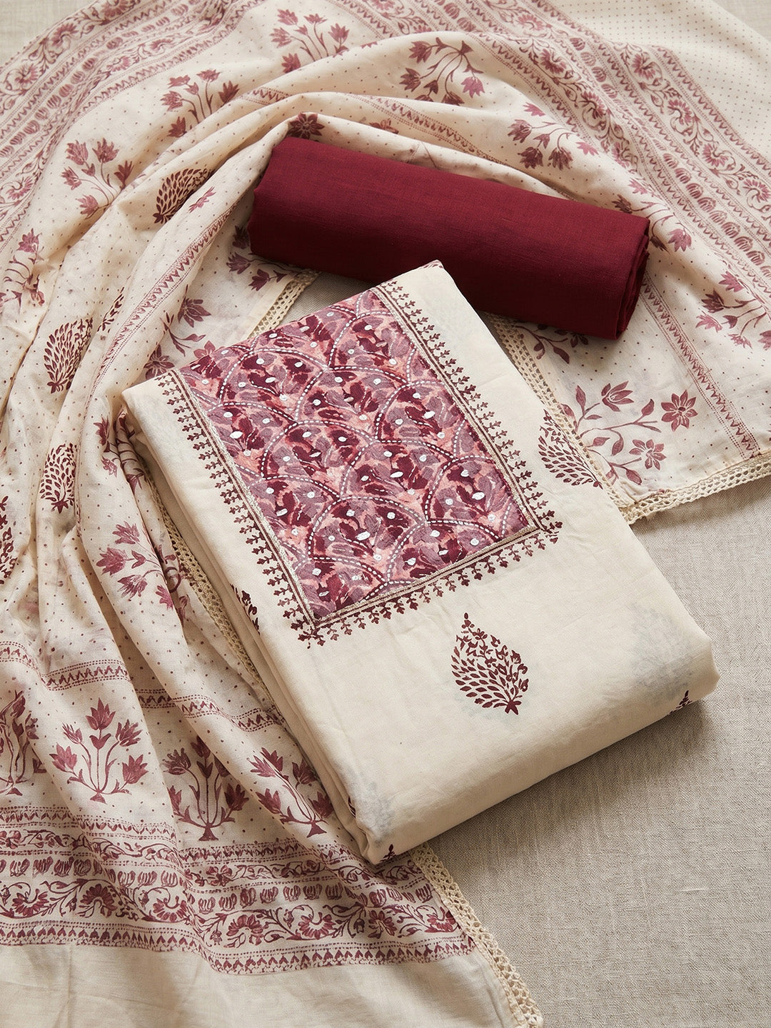 Printed Cotton Blend Unstitched Suit With Pant &amp; Dupatta