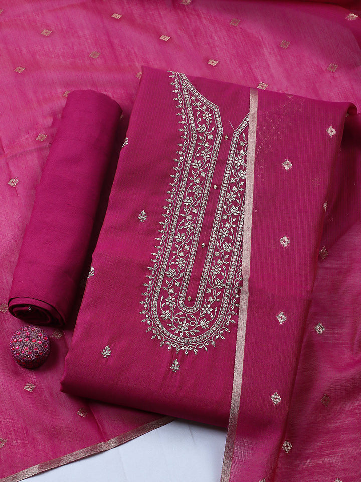 Embroidered Chanderi Unstitched Suit With Pant &amp; Dupatta