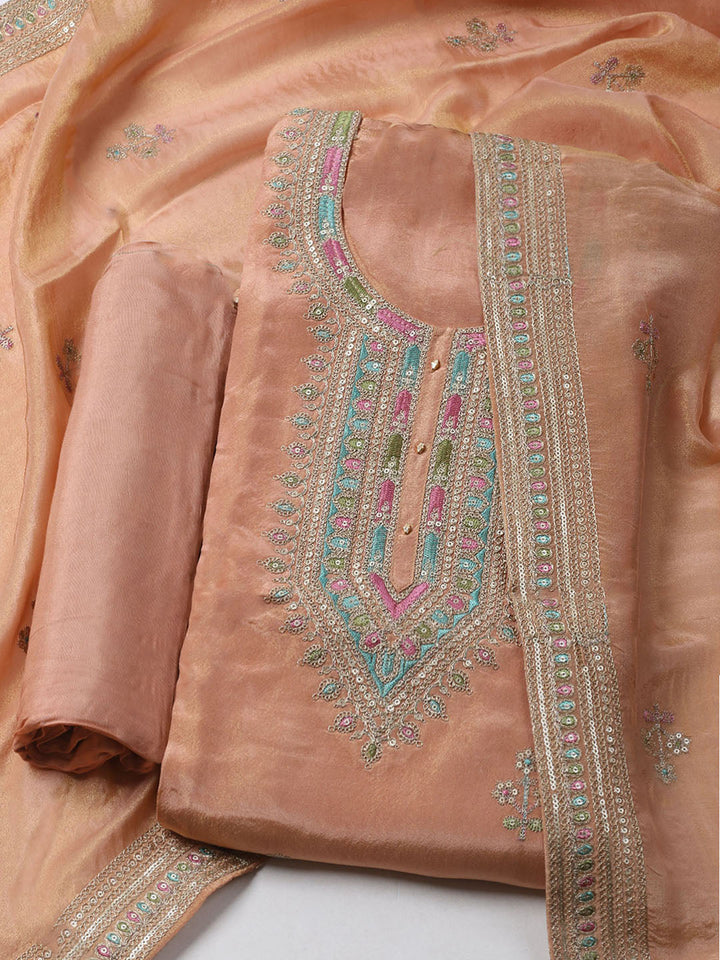 Embroidered Organza Unstitched Kurta With Pant &amp; Dupatta