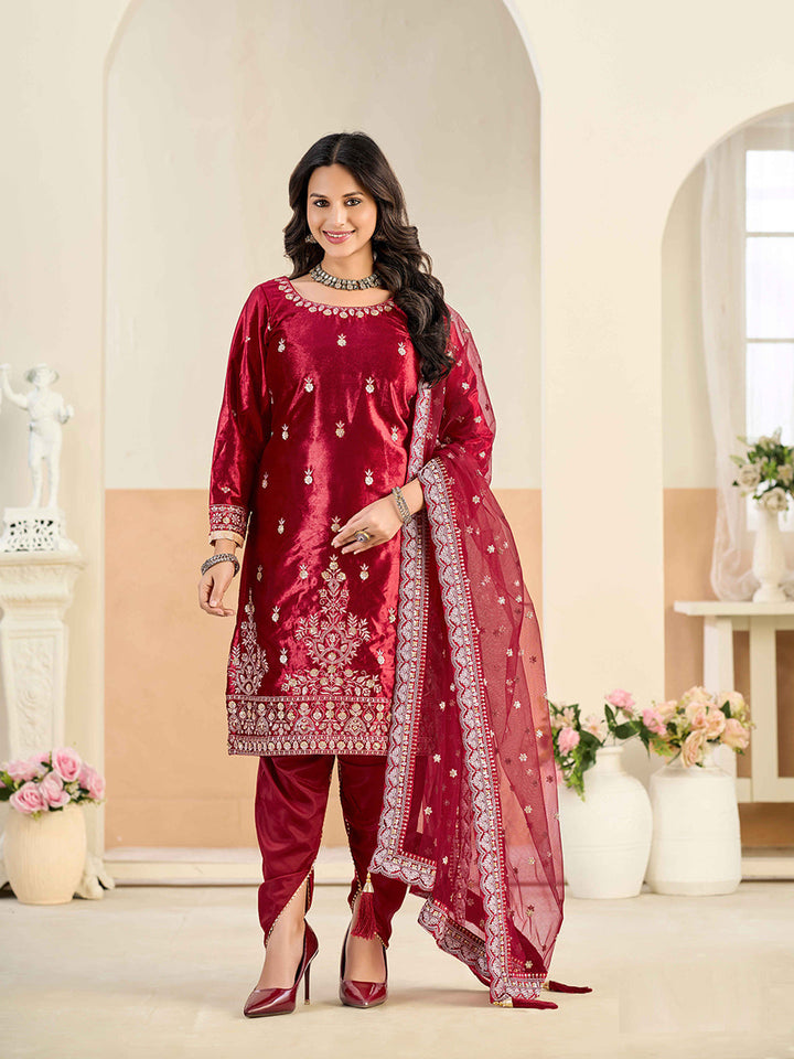 Embroidered Velvet Semi Stitched Kurta With Skirt &amp; Dupatta