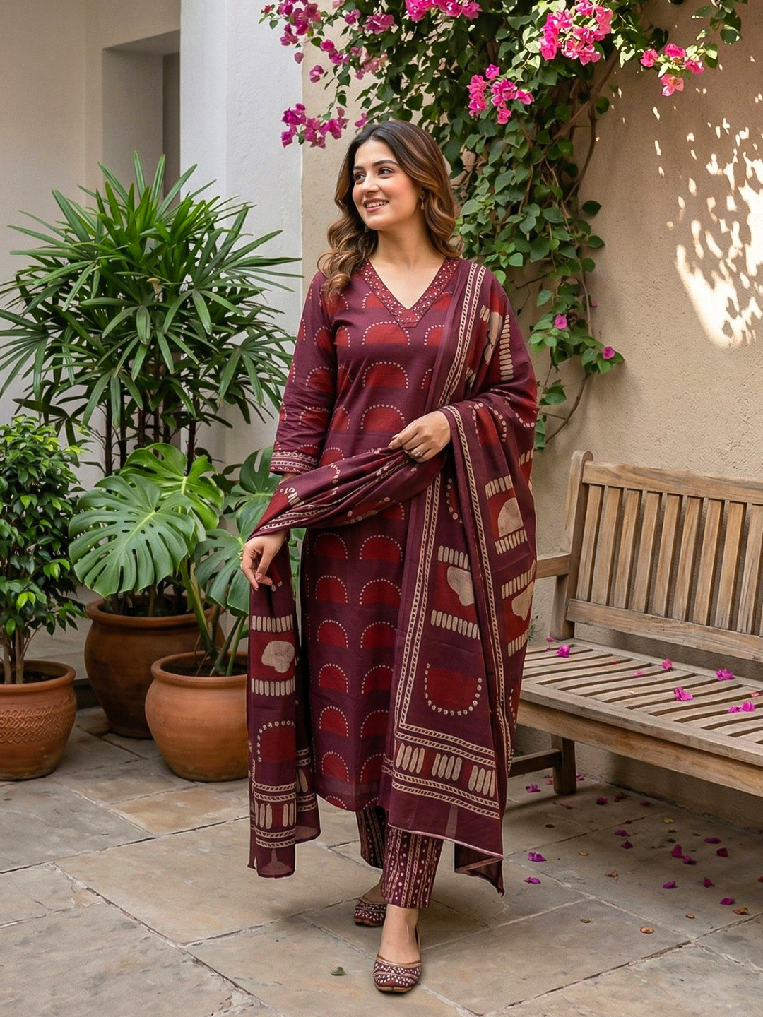 Red Embroidered Cotton Blend Straight Suit Set With Dupatta
