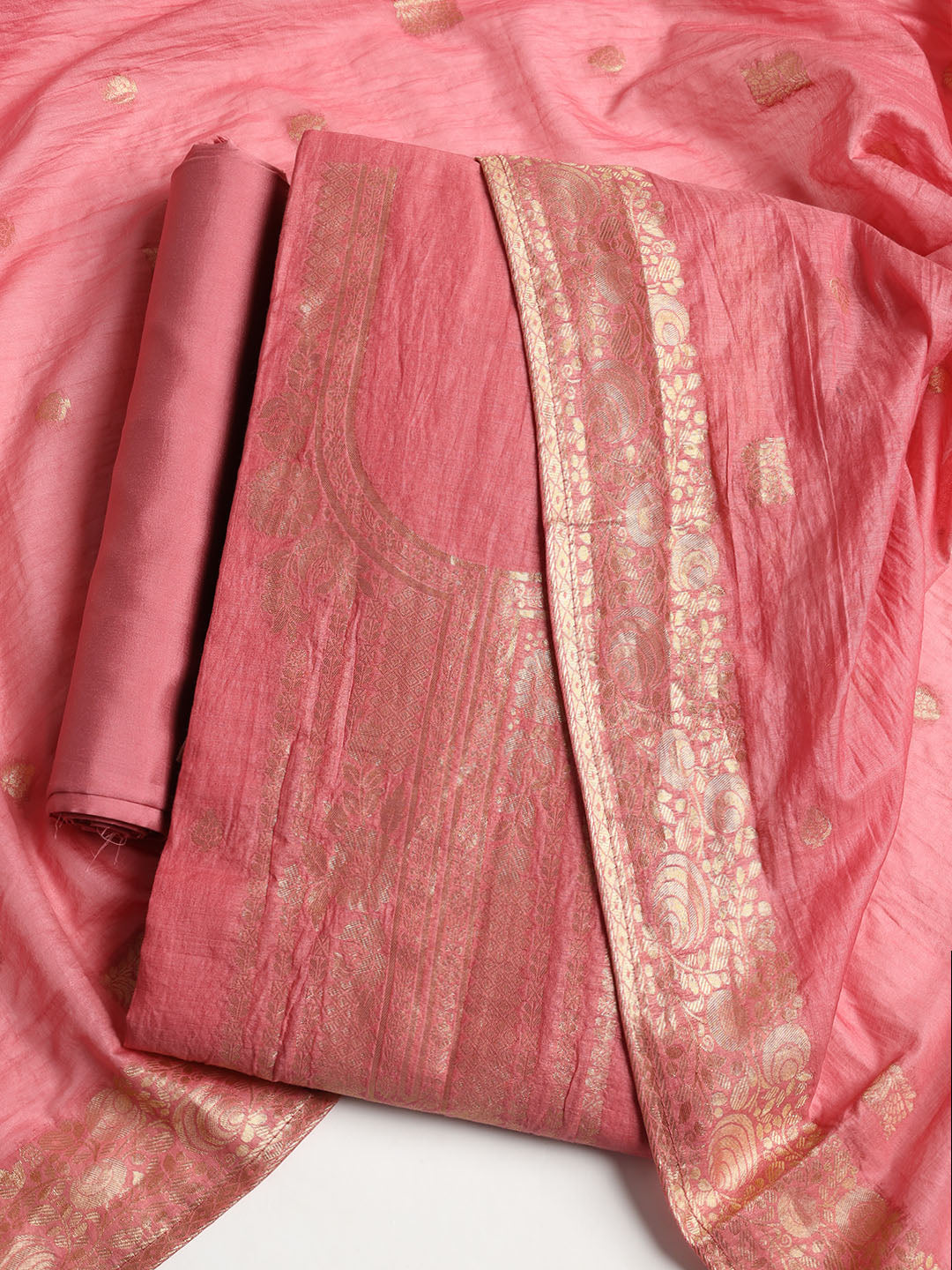 Woven Neck Chanderi Unstitched Suit With Dupatta