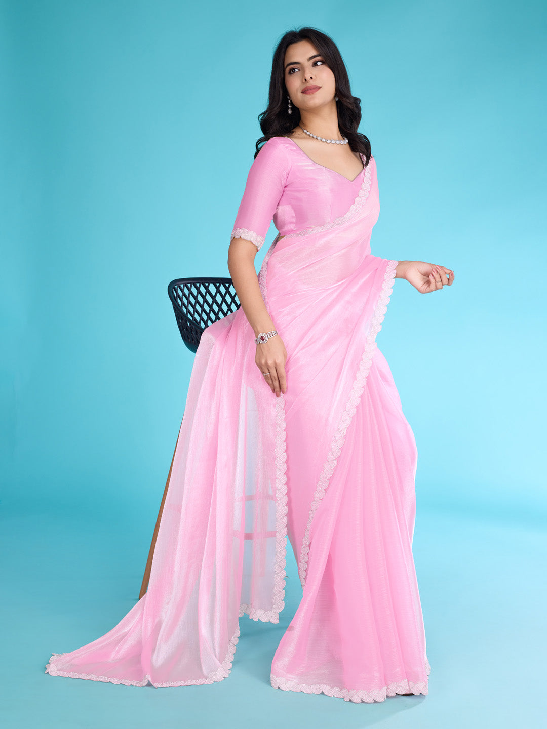 Embroidered Chinon Saree