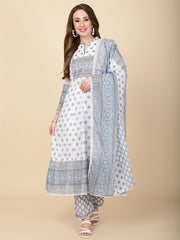 Floral Printed Cotton Kurta With Pants & Dupatta