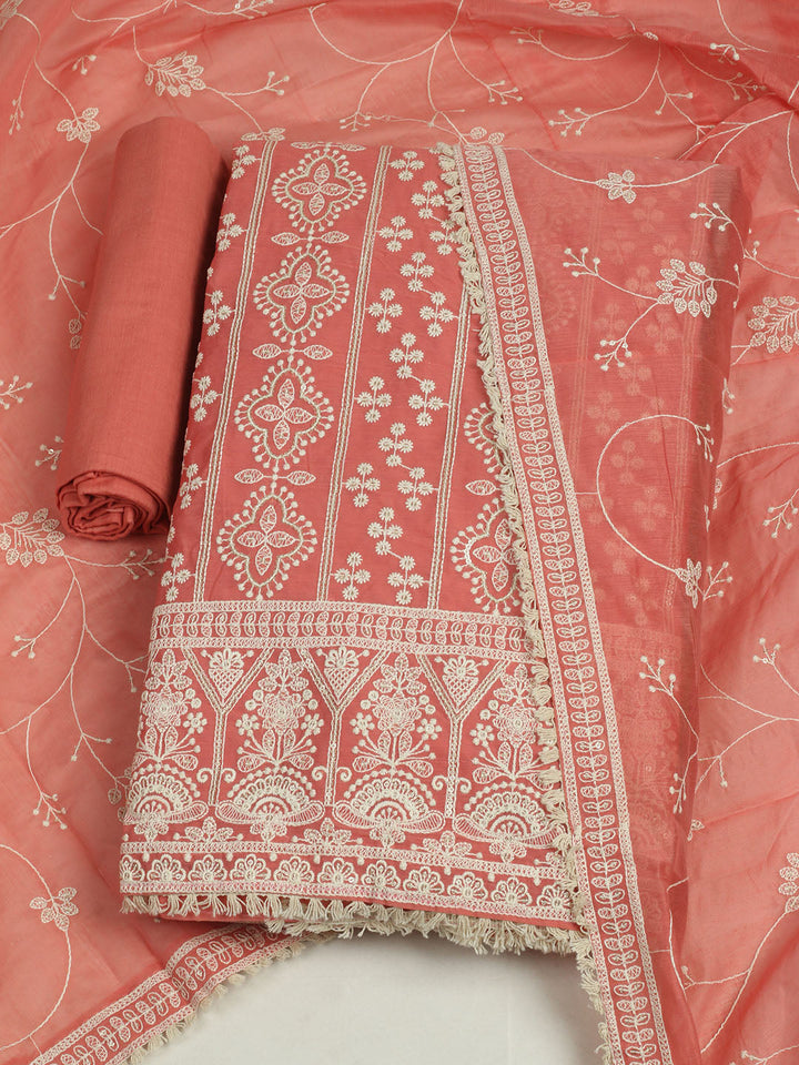 Embroidered Chanderi Unstitched Suit With Pant &amp; Dupatta